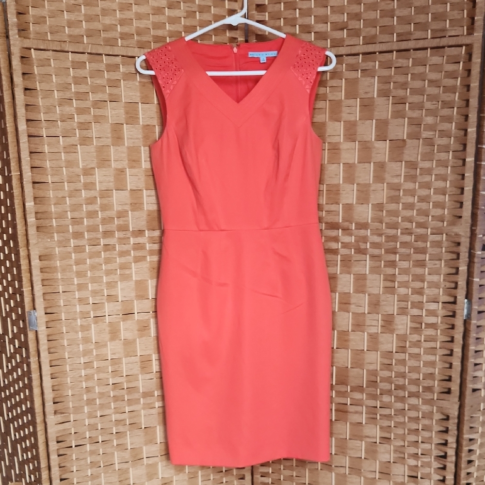 Antonio Melani, Womens Sleeveless Orange Sheath Spring,  Midi Dress with V-Neck